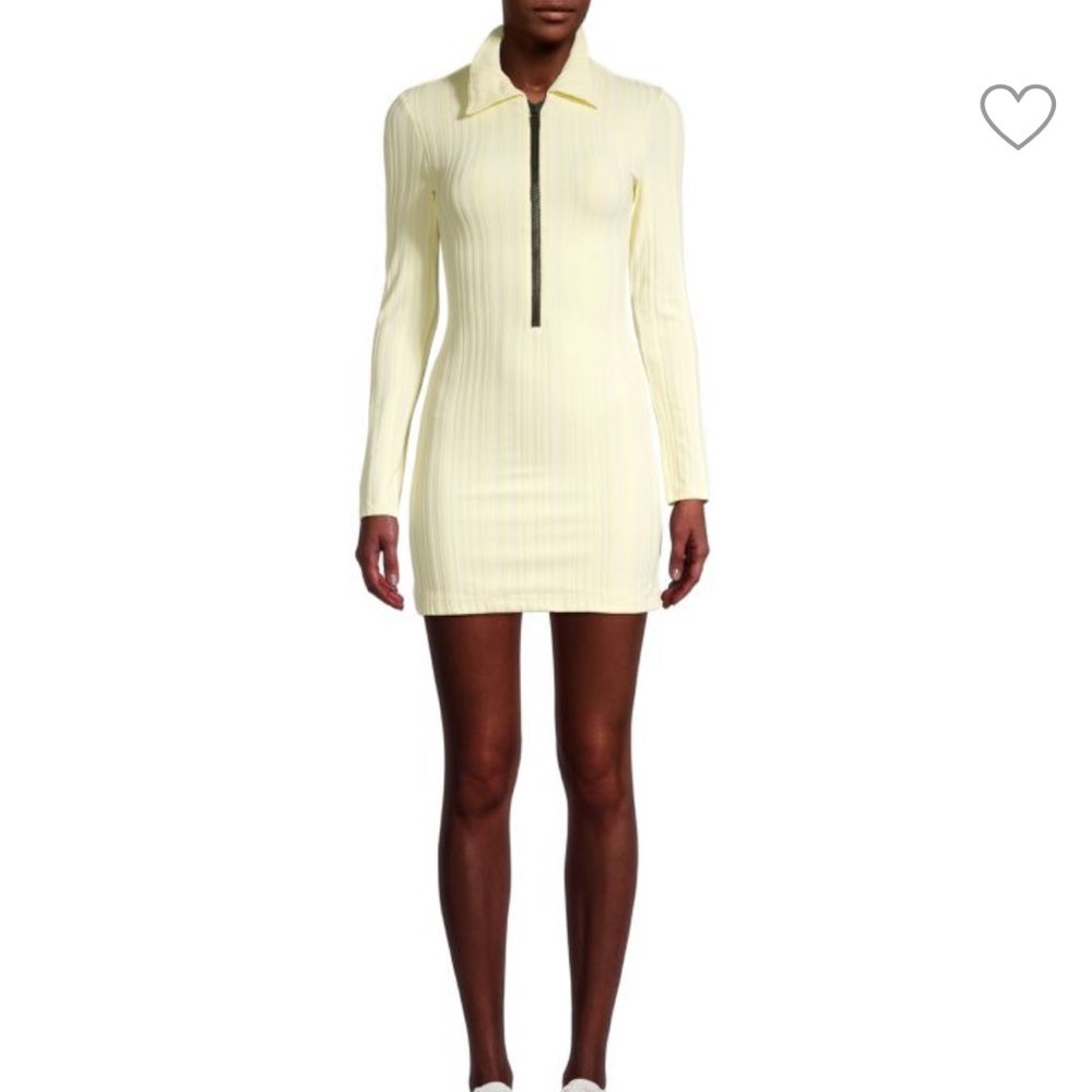 Solid and striped Zip-Up Long-Sleeve yellow ribbed Dress